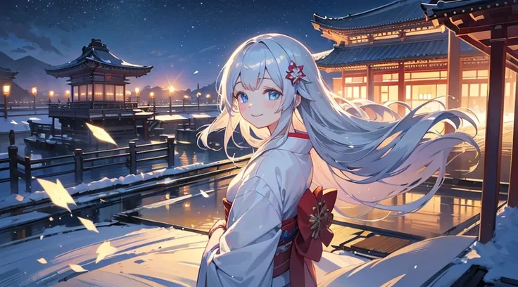 Masterpiece, detailed drawing, girl, solo, silver hair, long hair, blue eyes, smiling, fragile, shimmering, beautiful, sunny, kimono, New Year, Japan, night, snow, temple,