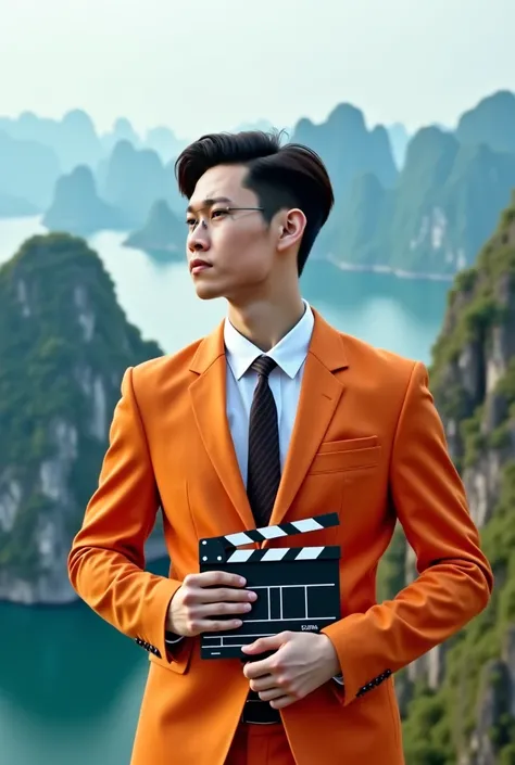 The young man stood on the top of the poetic mountain looking down at Ha Long city. He was wearing a orange suit, white shirt, and a wide, dark striped tie. He has side part hair. He gently held the collar button with one hand. The other hand holds a clapp...