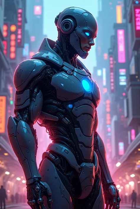 Make an cyborg neon character male with city in background like a poster of a movie