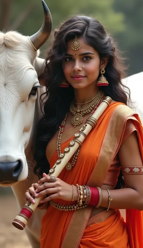 Beautiful indian girl with white cow..
The Girl Wearing Desainer Saree, Holding flute in his hand, Long Curly hair, Red Bangles, High Resolution, Masterpiece, High Details, pink lips, bright eyes 