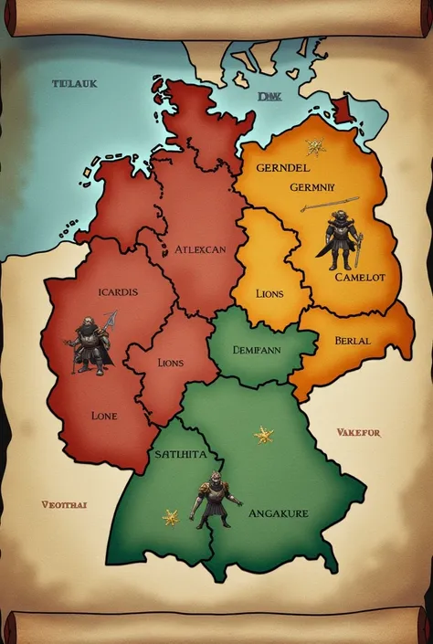 Create a scroll-like map style  (avatar the legend of aang) Where are 15 nations with the following names 
GERMANIA   ( I WANT A DIFFERENT MAP
GERMAN EMPIRE 
ELEMENTARY 
ARENDEL
CORONA 
LIONS
BRITANNIA
CAMELOT
Danafor
Avalue
Atlanta
Wakanda
Amegakure 
Asga...