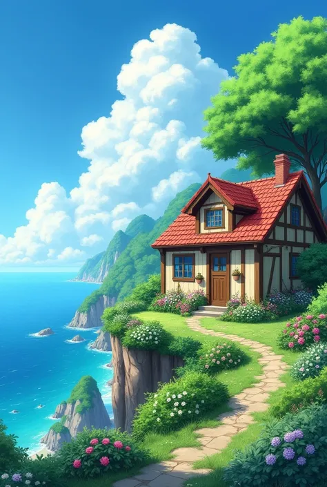 Wallpaper in 4k quality, in style anime Cozy Cottage by the Cliffside

View:

A picturesque countryside scene featuring a charming cottage perched on a lush green cliff. The house has a rustic red-tiled roof, timbered walls, and flower boxes spilling over ...