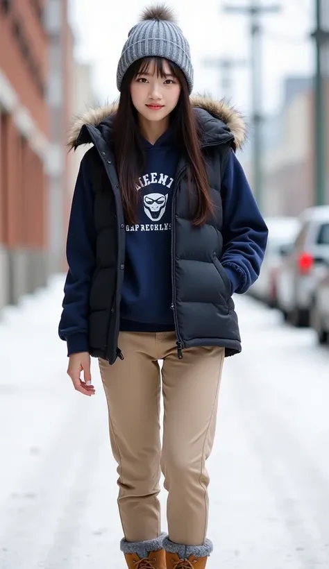   top quality ,  Masterpiece  ,   super high resolution ,(:1.4),Original photo, Ultra-fine，8k， has girls ，   Confident Beauty  ，Friendly atmosphere ，whole body， Its snowing 、Shibuya、smile、whole body、 Heavyweight Down Vest （ black）
	 • Fleece Hoodie（Navy）
	...