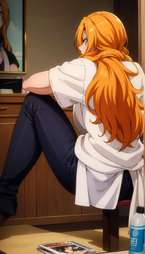 score_9, score_8_up, score_7_up, source_anime,
rangikumatsumoto, rangiku matsumoto, long hair, grey eyes, orange hair, white shirt, jeans, clean up, 
room, living room, Solo, evening, High Resolution, Accurate, Masterpiece, 