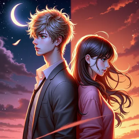  I want a realistic anime-style illustration of a man and a woman with brown hair standing,  back to back . The background must be divided :  the womans side should show warm tones of dawn , like oranges, pinks and golds,  while the mans side should be sur...