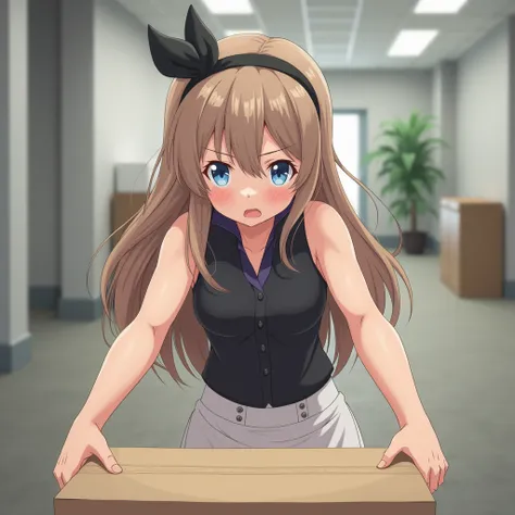 anime girl, long light brown hair, blue eyes, black hairband, minimalist sleeveless blouse, dark purple blouse, white skirt, collars, tucked-in blouse, buttons, pulling a heavy box, arm muscles visible, arm muscles, pushing, struggling, tucked-in, pulling ...