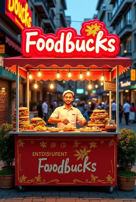 Create an advertisement of food stall named FoodBucks with welcoming quote in english 