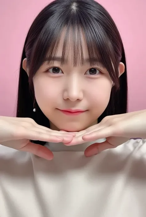 likeい, An adorable Korean woman poses gently for the camera , She gently places her hands on her chin , Her long,  Black hair wraps around her gentle face .  She embodies the sweet innocence of Korean idols ,  and adds playfulness and cuteness . Her perfec...