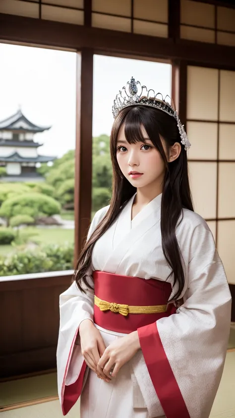 masterpiece,  top quality ,  one woman ,Princess, Japanese Castle, tatami ,Japanese-style interior, blondes, long hair, long hair,  black hair,  white skin,  dark eyes, big eyes,Red Kimono,  tiara  , Confident eyes , beauty, beautiful