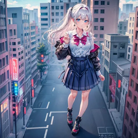 knot　 Unreal Engine 　アニメ style for stilets　Delicate Paintings 　4K　90s　 giant　 multiple girls 　crowd　School building 　city　　School buildingの谷間に立っている巨大な女子高生　 school uniform　 skirt 　　smile　female  giant  giant girl Whole body 　 Destroyed skyscrapers Destroyed...