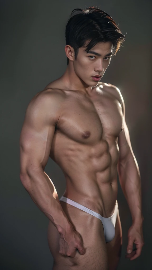 (best quality,4k,highres,masterpiece:1.2),ultra-detailed,realistic:1.37,korean man, muscular man, big buttocks, glancing backwards, slim body, few fingers, masculine features, white man, tight white micro string thong, Caucasian race, portraits, bright col...