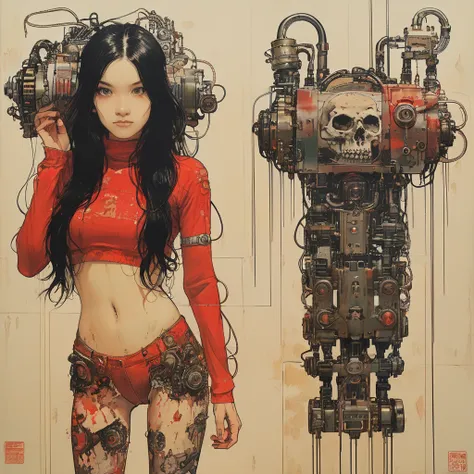 1 female demon ,  attached to a tube on the wall
beautiful
long black hair
supplication
mechanical limb
red turtleneck tights
skulls
(Colored ink painting by Katsuhiro Otomo , Mobis , Victor Nai Katsuya Terada, Aaron Horkey )