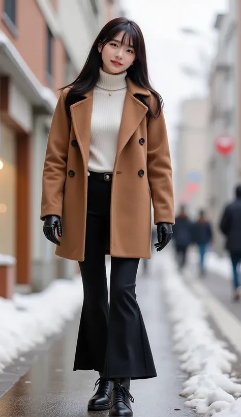   top quality ,  Masterpiece  ,   super high resolution ,(:1.4),Original photo, Ultra-fine，8k， has girls ，   Confident Beauty  ，Friendly atmosphere ，whole body， Its snowing 、Shibuya、smile、whole body、 Mouton Jacket （ brown）
	 • Turtleneck （white）
	 • Fleece...