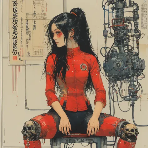 1 female demon ,  attached to a tube on the wall
beautiful
long black hair
supplication
mechanical limb
red turtleneck tights
skulls
(Colored ink painting by Katsuhiro Otomo , Mobis , Victor Nai Katsuya Terada, Aaron Horkey )