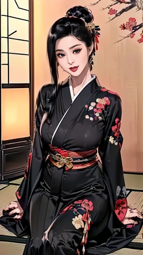 (best quality:2.0), (extremely detailed:2.0), (highly detailed:2.0),(Kikyo Tatebe, head of the Japanese dance "Tatebe School," height 167cm, B90/W59/H91, wearing an elegant kimono primarily black with intricate obsidian-like patterns, tied with a vibrant s...