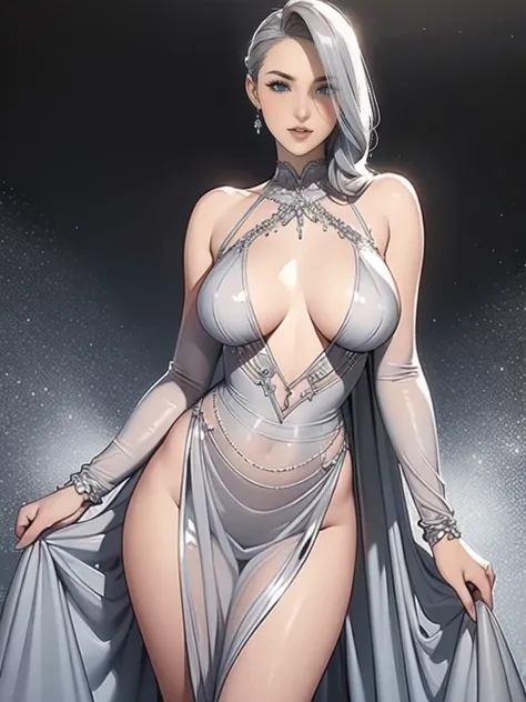  close-up of a woman in a silver dress taking a photo shoot,  TRANSPARENT GREY DRESS ,  sexy dress, Transparent dress, skin tight dress, sexy gown, extravagant dress, Wearing a silver dress,  tight dress, Open dress,  Tall, skinny, beautiful goddess  ,  SH...