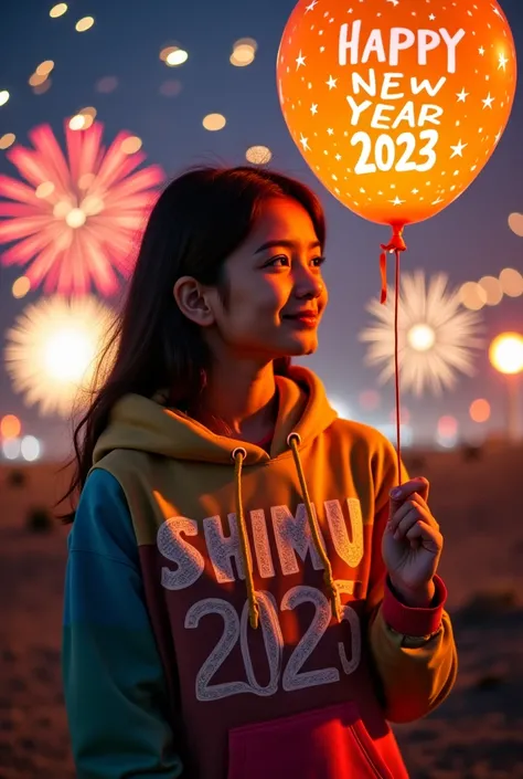 A 20-year-old  girl with the name Shimu written on a colorful hoodie chest.she is holding some balloon and wishing Happy New Year 2025. The balloon has Happy New Year 2025 written on it and fireworks are going off all around. 