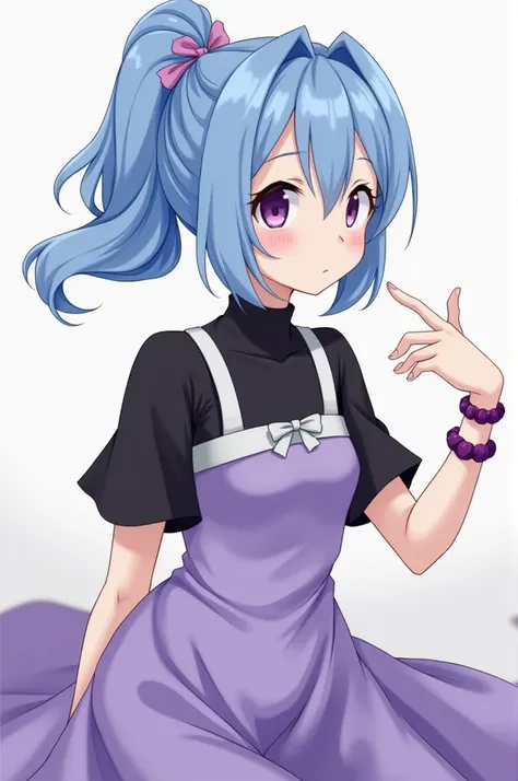 Give me a picture of an anime girl with blue hair wearing a ponytail hairstyle with a purple bushing,  white skin , Black shirt integrated with a purple dress with white ribbon and a purple bracelet  