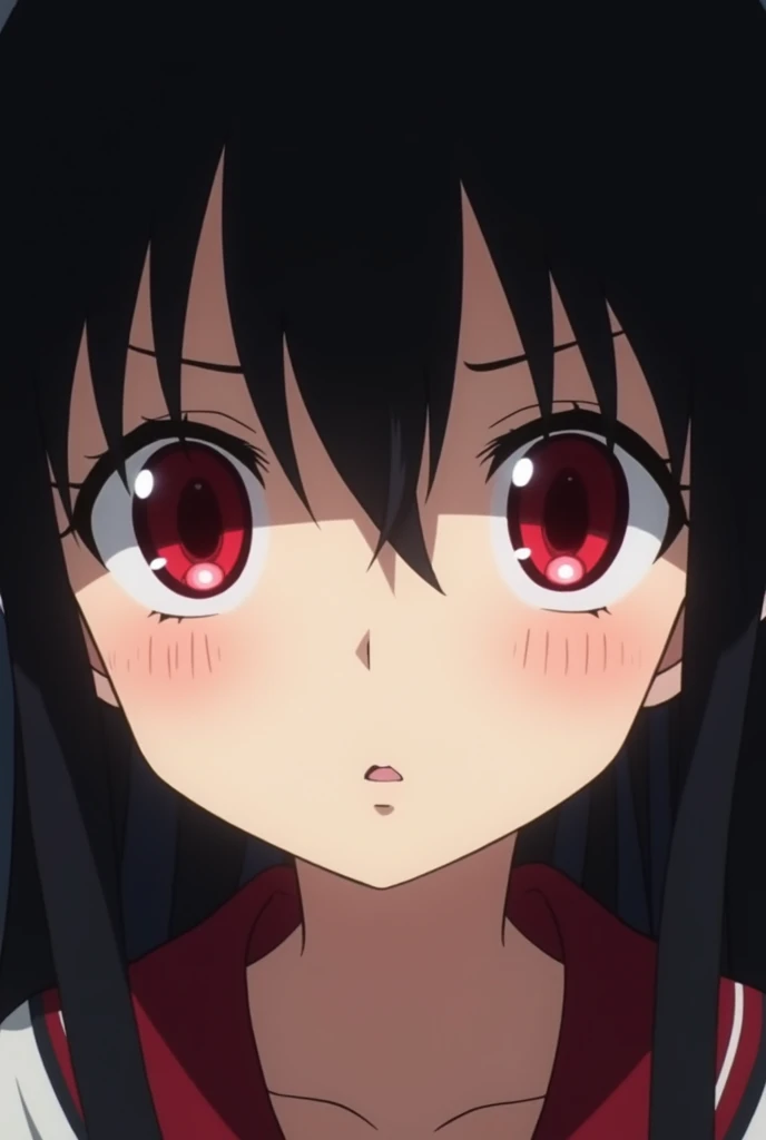 anime girl with black hair and red eyes staring at camera, in the anime film, screenshot from guro anime, anime movie screenshot, albedo from the anime overlord, screenshot from the anime film, the piercing stare of yuki onna, todays featured anime still, ...