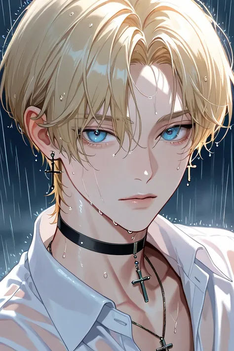 solo, looking at viewer, short hair, 1boy,blue eyes,bishounen,skinny, jewelry, white shirt, male focus, blonde hair,lips, collared shirt,parted bangs, portrait, rain, wet hair, cross necklace, cross earrings,black choker,