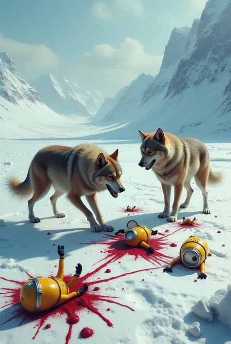 create an image in which Libra dogs killed the minions and legs on his body in snow areas 