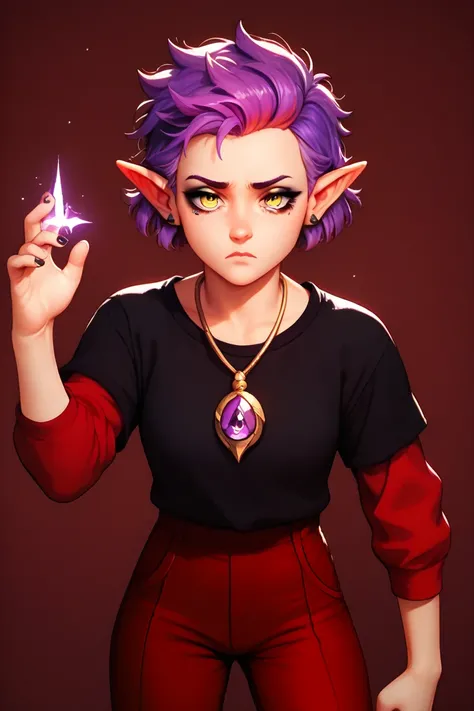 (masterpice, best quality), AmityBlight, makeup, black earrings, yellow eyes, short hair, (purple hair:1.4), pointed ears, black shirt, amulet, (red pants:1.5), standing, dynamic pose, sad background 