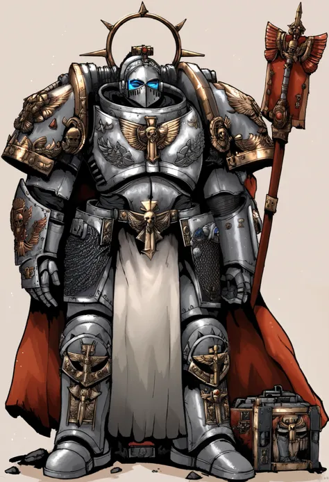 Anime, Concept art, Absurd resolution, high resolution, (masterpiece: 1.4), hyper-detail, warhammer 40k terminator armor, Juggernaut armor, heavy armor, knight, crusader,  full body, glowing weapon, cloak, silver armor, edgy, grimdark, octosoup, 1man, bulk...