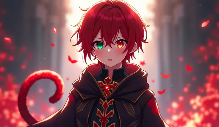 2D anime boy ,  with crimson hair , a green eye, Another crimson , anime style like, dark divine garment ,  destiny grand order , Misato Katsuragi,  with crimson monkey tail 