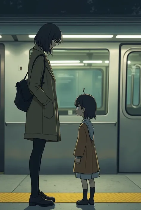 A tall girl was standing near the subway, and a short girl was standing in front of her. The tall girl was wearing a pant and coat, and the tall girl didn’t know that the short girl was standing there.

