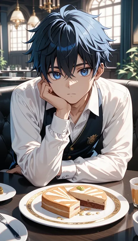 score_9, score_8_ up, score_7_ up,((8k)),1boy,blacl hair,dark blue eyes,Nagi-kun,(Petite), boy, melancholic expression ,blue moonstone plate,Gold Watches,Minimal, dress shirt,((Alone))