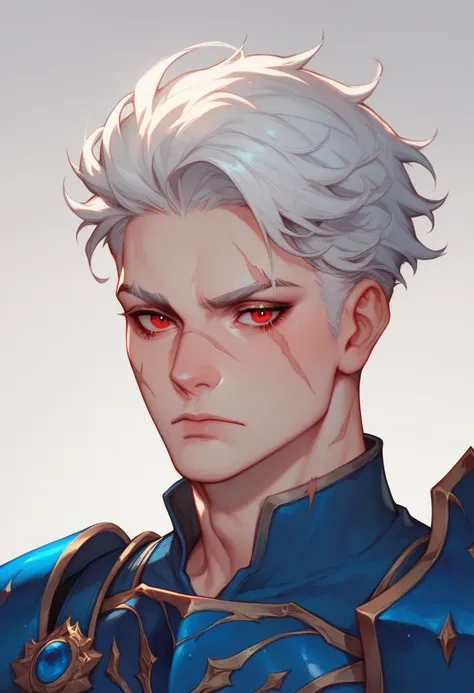 a male ghoul, white hair, red eyes, black and blue armor, an electrified sword, a scar that runs from the forehead to the cheek on the left side of the face, high definition 8k