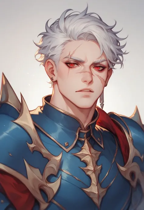 a male ghoul, white hair, red eyes, black and blue armor, an electrified sword, a scar that runs from the forehead to the cheek on the left side of the face, high definition 8k