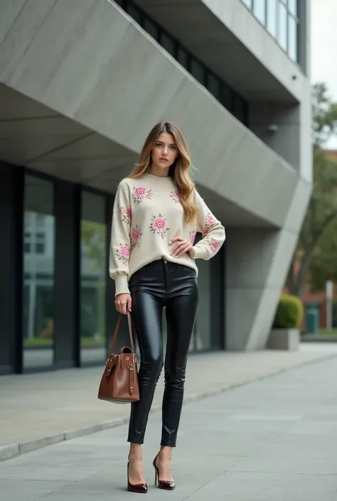 A woman should combine a floral-embroidered sweater with leather pants, pointed-toe heels, and a leather handbag, posing against a modern architectural backdrop.
