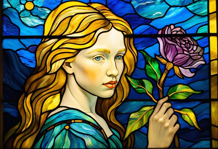 a close up of a  stained glass painted by Van Gogh window with a girl holding a flower,  stained glass painted by Van Gogh style,  stained glass painted by Van Gogh art,  stained glass painted by Van Gogh!!, amethyst  stained glass painted by Van Gogh, Rap...