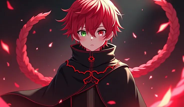 2D anime boy ,  with crimson hair , a green eye, Another crimson , anime style like, dark divine garment ,  destiny grand order , Misato Katsuragi,  with crimson monkey tail, Serious 