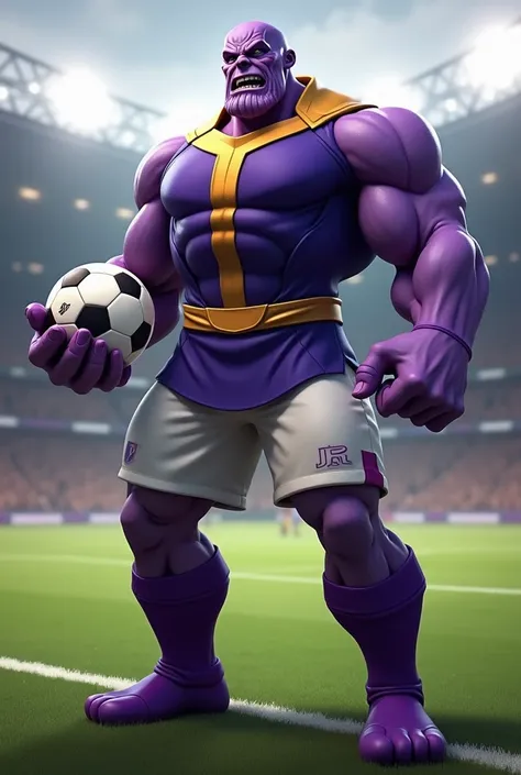  Make the character of Thanos a strong, muscular and fierce giant,  wearing purple Fiorentina uniform , white shorts purple socks purple boot holding a soccer ball,  in the background of a soccer stadium , Thanos angry fierce teeth  