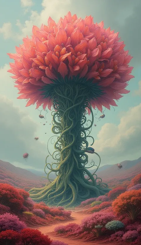 A surrealist painting of a giant verbena flower in a field.