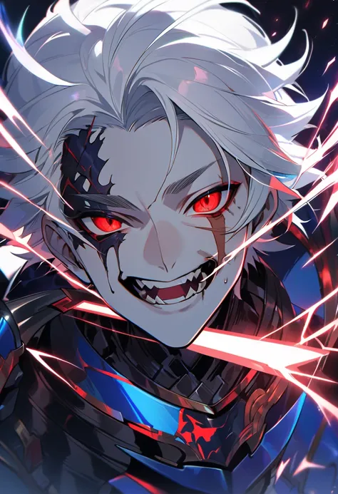 a male ghoul, white hair, red eyes, black and blue armor, an electrified sword, a scar that runs from the forehead to the cheek on the left side of the face, high definition 8k