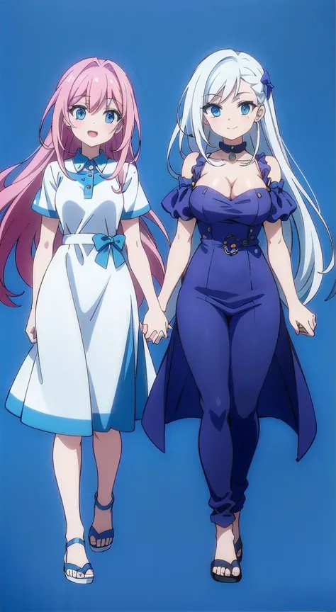 Two female characters, one with pink hair and the other with white hair, both with long hair, wearing cute style clothes, smiling brightly.The blue background and the green background will still walk together, holding hands and walking together.The black a...