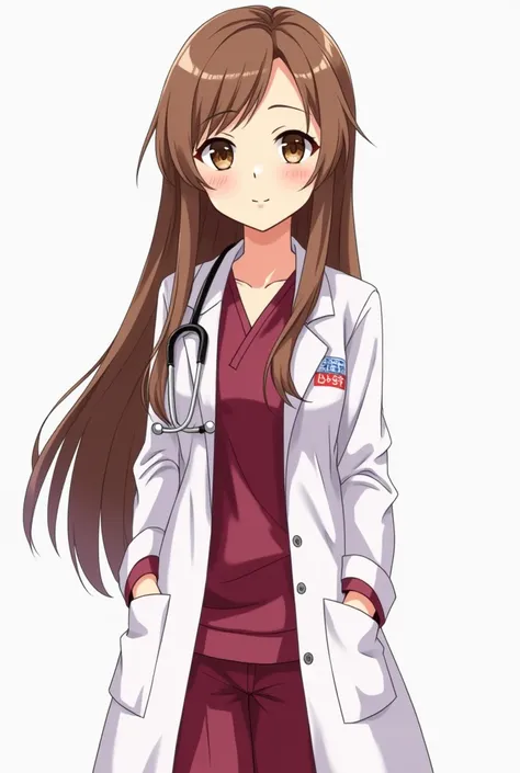  Full Body Anime Cartoon of a Female Doctor. She is 20 years old . has brown eyes.  Wear uniform wine shell color  (like an Obstetrician or Nurse ) and white coat.  The hair is long straight and is painted brown blonde. Her hair is for both sides of her fa...