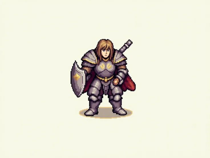 A pixel art-style character in a top-down perspective, wearing what appears to be armor or a medieval outfit. The character is depicted with a clear focus on symmetry and details in their design, potentially including a weapon or shield. The background is ...