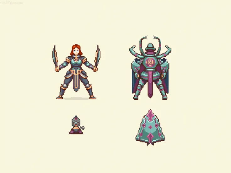 A pixel art-style character in a top-down perspective, wearing what appears to be armor or a medieval outfit. The character is depicted with a clear focus on symmetry and details in their design, potentially including a weapon or shield. The background is ...