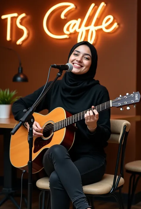  Realistic photo of beautiful dutch girl clean face wearing black hijab smiling,  wears black t-shirt neck turttle ,  wears tight black jeans ,  wears white slipper sports shoes ,  is singing sitting on cafe stage bright swimming while holding guitar , caf...