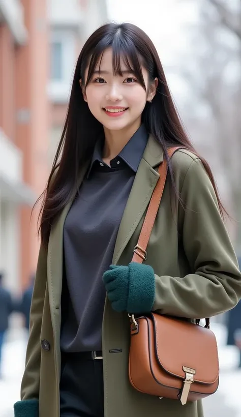   top quality ,  Masterpiece  ,   super high resolution ,(:1.4),Original photo, Ultra-fine，8k， has girls ，   Confident Beauty  ，Friendly atmosphere ，whole body， Its snowing 、Shibuya、smile、whole body、 Mod Coat with Bore Back （Khaki）
	 • Sweat Setup（Dark Gra...