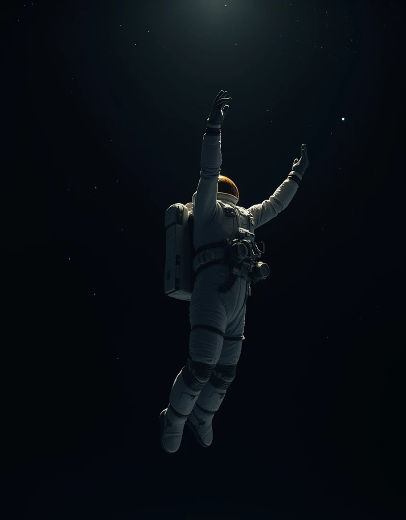 astronaut, black background, shoot up, try to grab