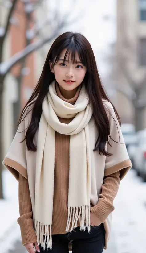   top quality ,  Masterpiece  ,   super high resolution ,(:1.4),Original photo, Ultra-fine，8k， has girls ，   Confident Beauty  ，Friendly atmosphere ，whole body， Its snowing 、Shibuya、smile、 wool poncho （Light Beige）
	 • Turtleneck Knit （ brown）
	 • Fleece-l...