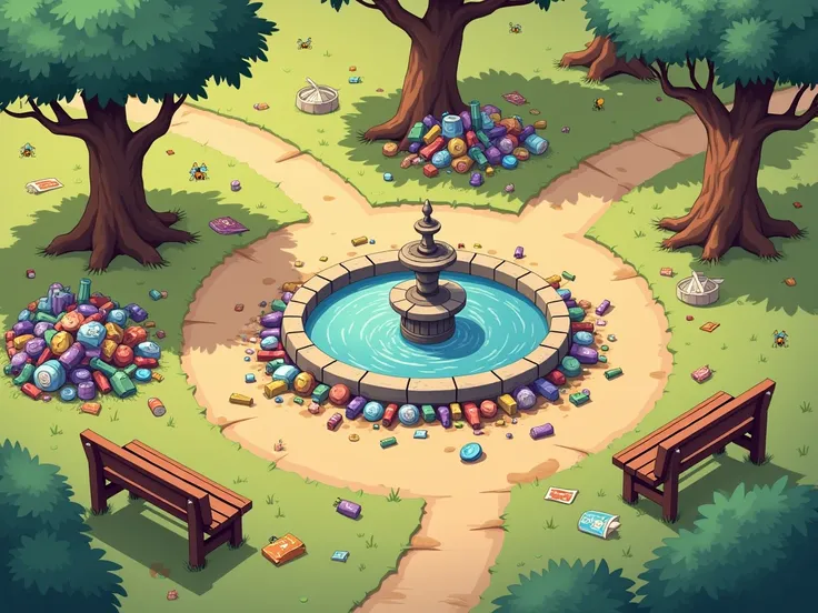 "A small, once-charming park viewed from an isometric perspective. The area is overrun with cartoonish piles of trash, like colorful plastic bottles, tin cans, and crumpled paper. Trees with slightly exaggerated, gnarled shapes stand barren, their branches...