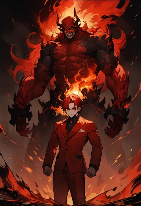 a man, strong physique, wearing a flaming red suit, one side of his face is transforming into a demon and the other is normal, on the demonic side the eye is red, his hands are on fire, high definition 8k