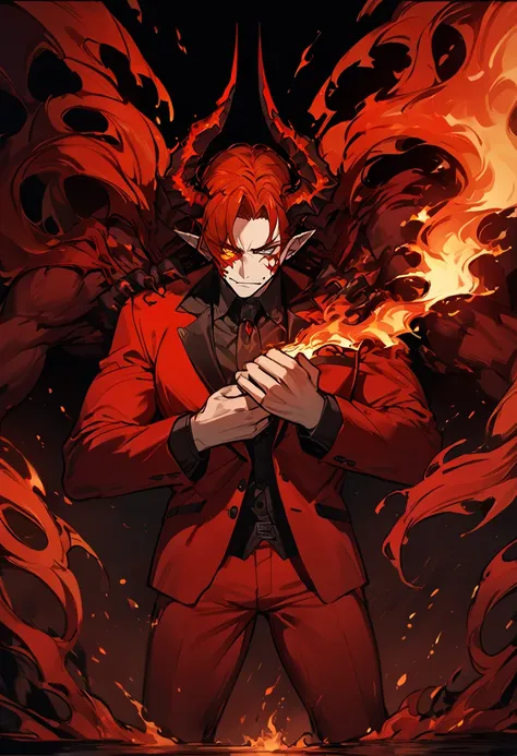 a man, strong physique, wearing a flaming red suit, one side of his face is transforming into a demon and the other is normal, on the demonic side the eye is red, his hands are on fire, high definition 8k