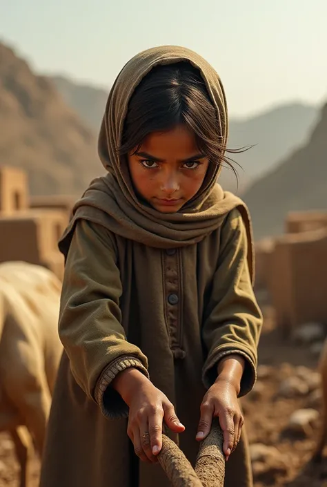 An Afghan girl is pictured working on a farm